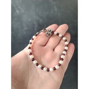 925 Sterling Silver Pearl & Garnet Beaded Bracelet With Heart & Amethyst Charms